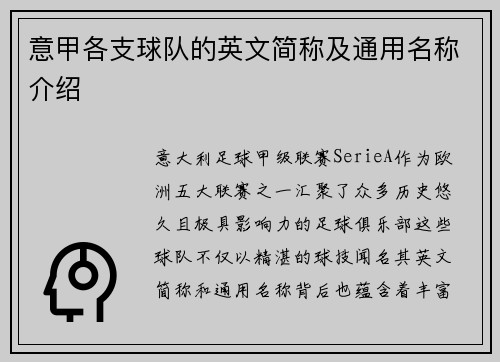 意甲各支球队的英文简称及通用名称介绍